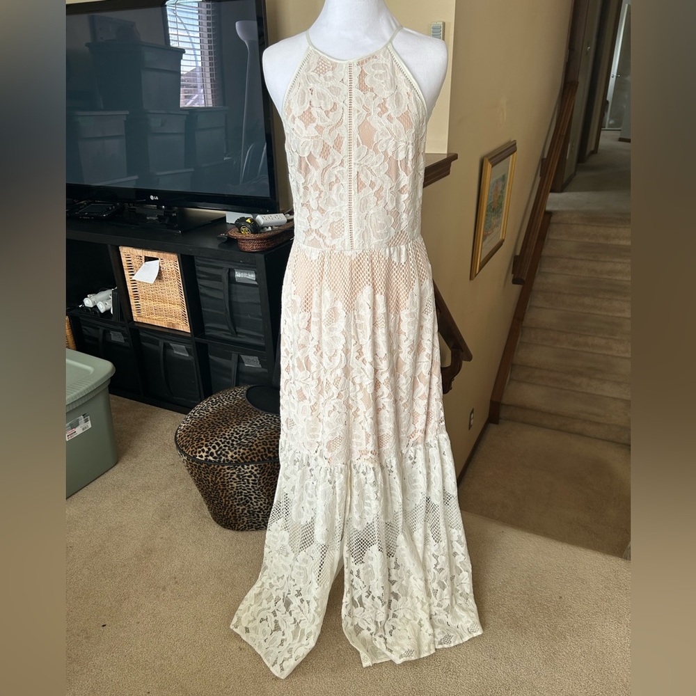Off White Lace Maxi Dress with Cream lining